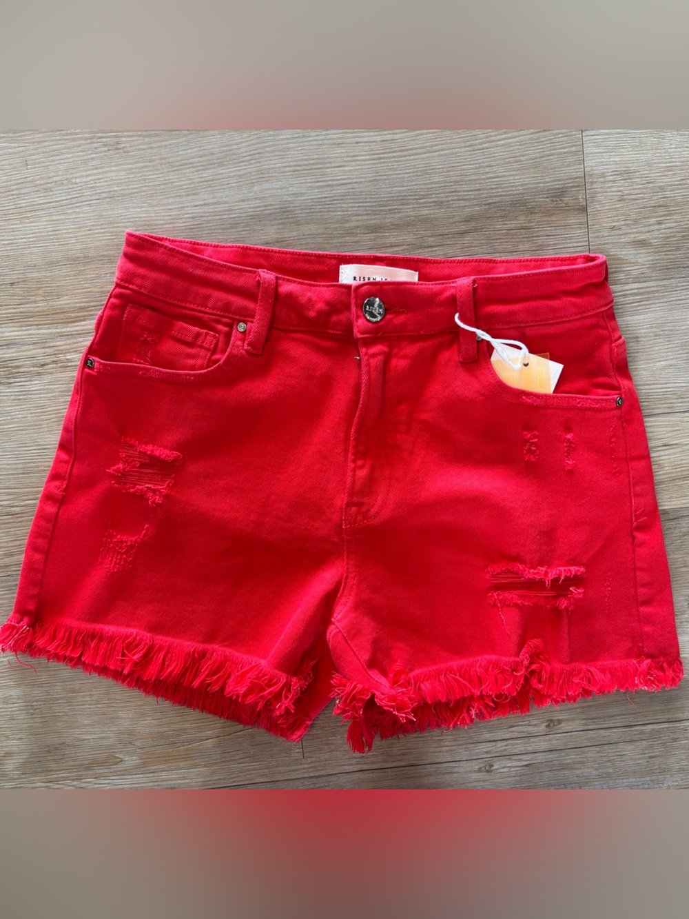 Women’s Red Frayed Hem Denim Shorts